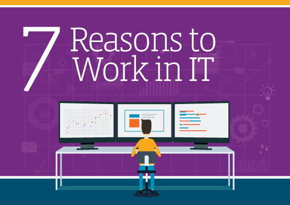 An IT pro sits at a workstation with the headline 7 Reasons to Work in IT