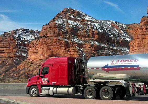 A Langer tanker truck driving in the mountains