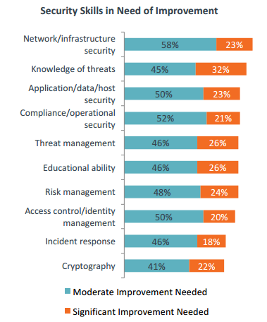 A bar chart ranking the security skills in need of improvement