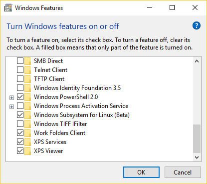 A screenshot of the menu to turn Windows features on or off